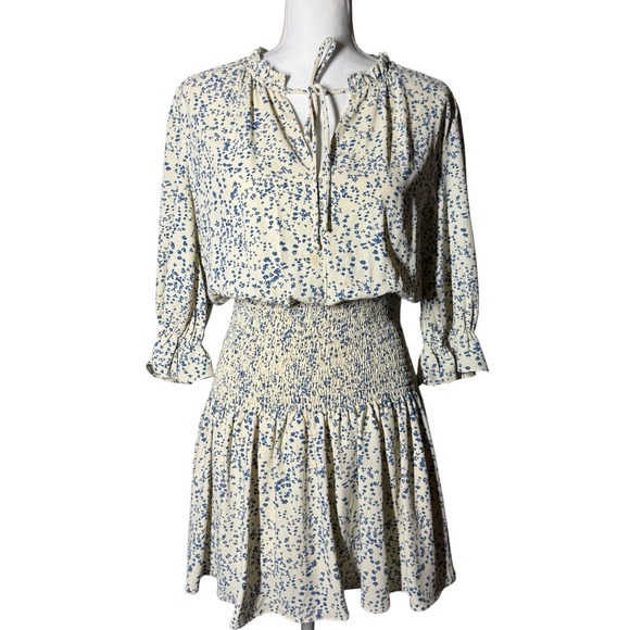 entro Dresses & Skirts - Entro Smocked Waist Floral Mini Dress S Cream Blue Good Ruffle Tiered